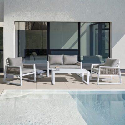 salotto Captiva in alluminio bianco Bizzotto con seduta in textilene e cuscini sfoderabili (2)